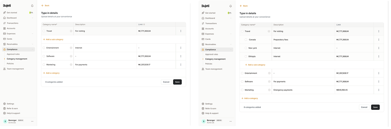Creating multiple categories - adding entries and sub categories